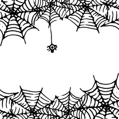 seamless pattern of a spider web on which a spider is hanging. horizontal circular web pattern with a hand-drawn black line with an empty space for doodle-style text on white for a design template