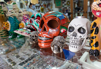 Obraz na płótnie Canvas Mexican colorful skulls hispanic ceramic talavera pottery Day of the Dead, Mexico