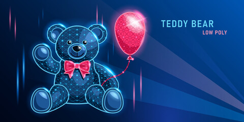 greeting teddy bear low poly on dark blue background