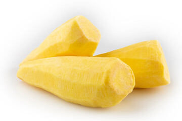 Peeled cassava isolated on white background. Mandioquinha.