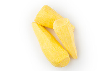 Peeled cassava isolated on white background. Mandioquinha.