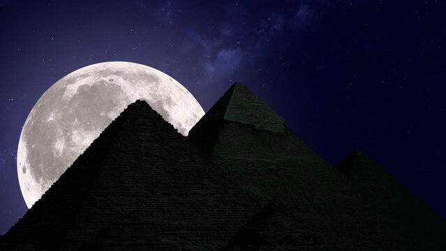 Moon rising over the Giza pyramid complex. Full moon and starry sky. Photo realistic 3D render. [ProRes - UHD 4K]
