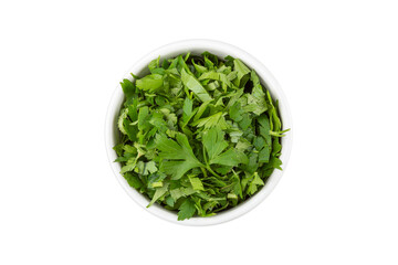 Parsley sliced ​​in ramekin isolated on white background.