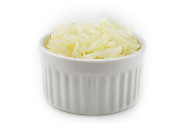 Onion sliced ​​in ramekin isolated on white background.