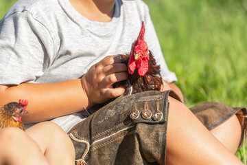 A boy wearing leather pants holds a rooster on his lap