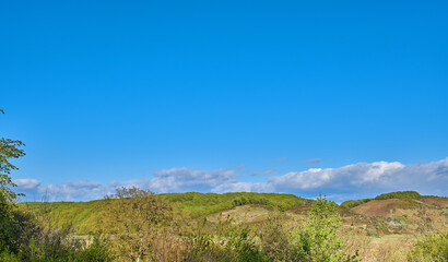 Scenic landscape of a peaceful meadow with dark clouds in a blue sky background and copy space. Calm and tranquil view of blooming lush plants on a hill in the countryside or wilderness in nature