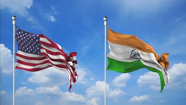 USA and India flags waving 3D Render against the sky background
