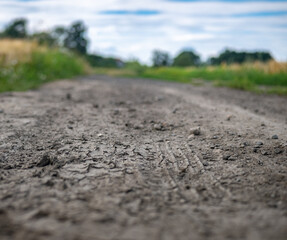 Wyschnięta popękana ziemia między polami uprawnymi w zachodniej Polsce w barwach brązowo zielono niebieskich, pogoda lekko pochmurna