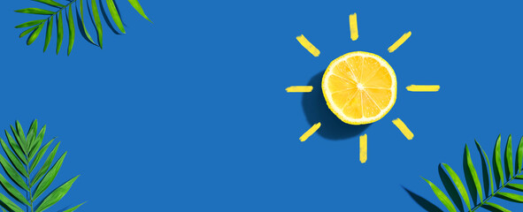 Summer concept with lemon sunlight with palm leaves