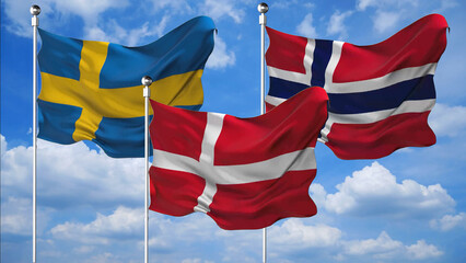 Sweden, Norway and Denmark flags waving 3D Render against the sky background