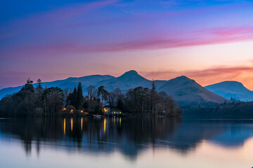 Derwentwater lake at sunset in Lake District. England
