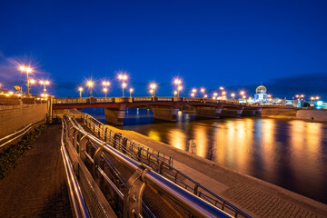 Old Town bridge and Warta river at dusk in Gorzow, Poland