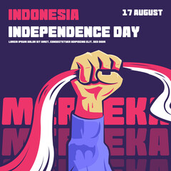 Vintage Indonesia independence day background with hand holding flag 