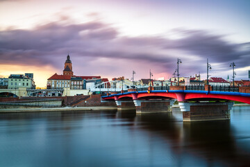 Old town bridge and St. Marys cathedral in Gorzow Wielkopolski at sunset. Poland