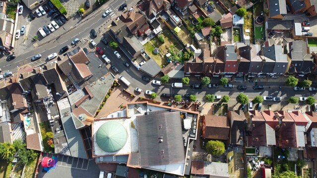An Aerial Footage and high angle view of Central Mosque of Muslim Community at Luton Town of England UK