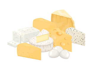Cheese assortment, hard and soft, cow and sheep cheeses triangular pieces, vector Illustration on a white background