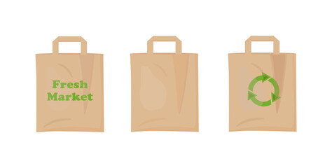 Craft paper brown shopping bag, recyclable non plastic packaging, vector Illustration on a white background