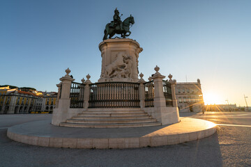 Commerce Square (Praca do Comercio) at sunrise with statue of of King Jose I in Lisbon. Portugal