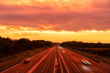 Fototapeta na wymiar M1 motorway at sunset in England. United Kingdom