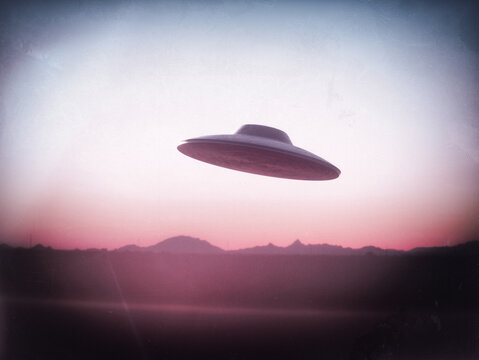 3D illustration, Unidentified Flying Object from the 60's and 70's photographic film style.