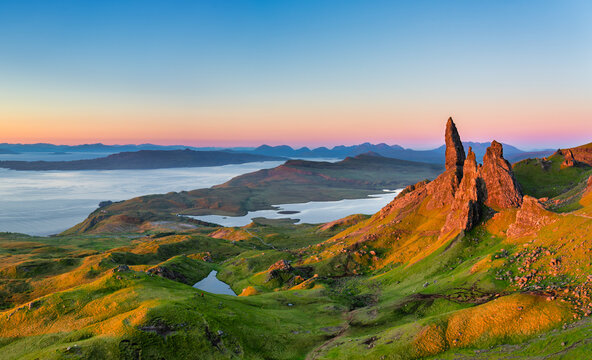 Old Man of Storr rock formation at sunrise on Isle of Skye, Scotland