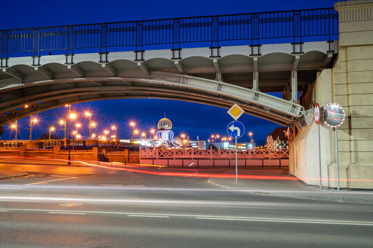 Old Town Bridge And Railway Viaduct At Dusk In Gorzow Wielkopolski. Poland