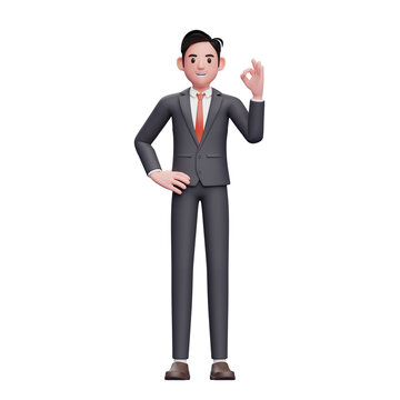 handsome businessman in formal suit give ok finger, ok sign, 3d render businessman character in formal suit