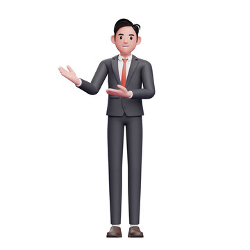 businessman in formal suit showing with both hand, 3d render businessman character in formal suit