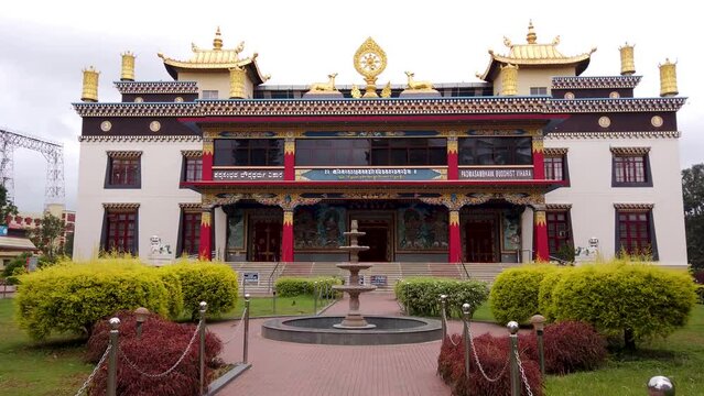 The Beautiful Tibetan Monastery dedicated to Lord Buddha on an overcast day at Bylakuppe in Karnataka, India.
