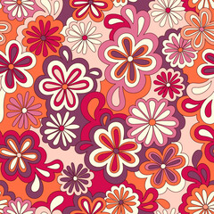 Floral psychedelic hippie seamless pattern. Vector nostalgic retro flowers, 60s groovy print. Vintage 70s background. Textile and surface design with old fashioned hand drawn abstract floralel ements