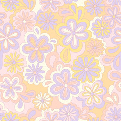 Floral psychedelic hippie seamless pattern. Vector nostalgic retro flowers, 60s groovy print. Vintage 70s background. Textile and surface design with old fashioned hand drawn abstract floralel ements