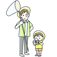 昆虫採集をする男の子と若い父親