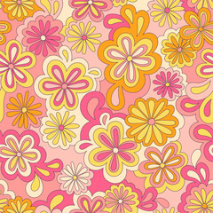 Fototapeta na wymiar Floral psychedelic hippie seamless pattern. Vector nostalgic retro flowers, 60s groovy print. Vintage 70s background. Textile and surface design with old fashioned hand drawn abstract floralel ements