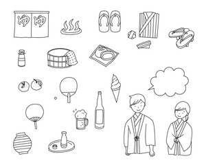 温泉の線画イラスト素材セット