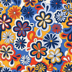 Floral psychedelic hippie seamless pattern. Vector nostalgic retro flowers, 60s groovy print. Vintage 70s background. Textile and surface design with old fashioned hand drawn abstract floralel ements