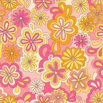 Floral psychedelic hippie seamless pattern. Vector nostalgic retro flowers, 60s groovy print. Vintage 70s background. Textile and surface design with old fashioned hand drawn abstract floralel ements