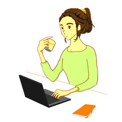 コーヒーを飲みながらパソコンをする女性のイラスト