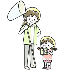 昆虫採集をする女の子と母親
