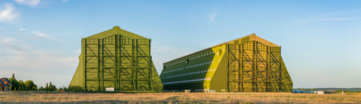 Cardington,England-May 2022: The airship shedS or hangarS at Cardington Airfield, previously RAF Cardington former Royal Air Force station in Bedfordshire. Currently used as movie studios