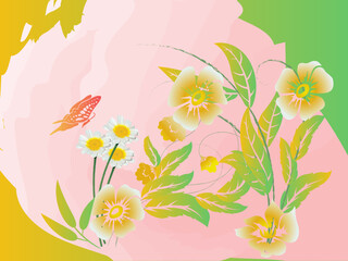 floral flowers water color with abstract green yellow background