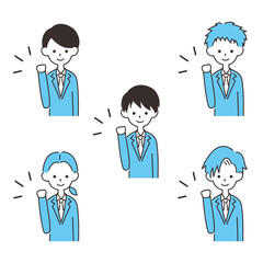 男性のビジネスマン　上半身アイコンセット　ガッツポーズ