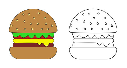 Coloring book. Cartoon Burger for kids activity colouring pages. Vector illustration