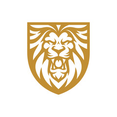 Lion head and shield emblem logo design. Lion crest vector illustration