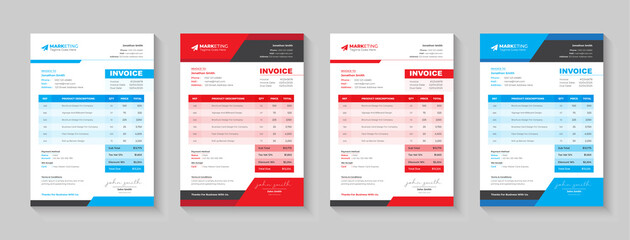 Minimal Corporate Business Invoice design for corporate office. Invoicing quotes, money bills or price invoices and payment agreement design templates. Creative invoice Template in 4 different Themes.