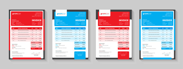 Minimal Corporate Business Invoice design for corporate office. Invoicing quotes, money bills or price invoices and payment agreement design templates. Creative invoice Template in 4 different Themes.