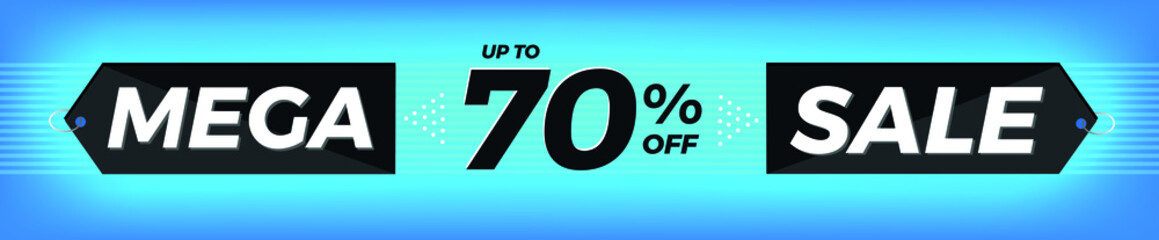 70% off. Horizontal blue banner. Advertising for Mega Sale. Up to seventy percent discount for promotions and offers.