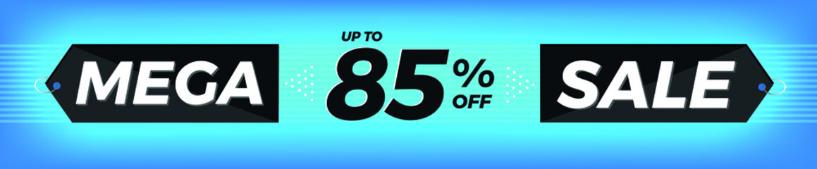 85% off. Horizontal blue banner. Advertising for Mega Sale. Up to eighty-five percent discount for promotions and offers.
