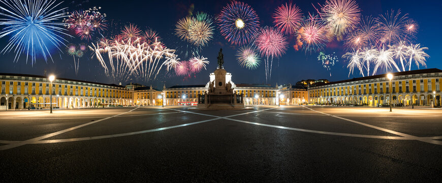 Fireworks display at Commerce Square (Praca do Comercio) with statue of of King Jose I in Lisbon. Portugal