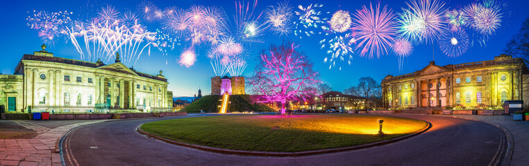 Fireworks display near castle square in York. England
