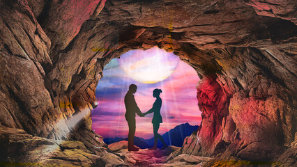 a couple on the cave,mountain digital art painting 3d illustration
